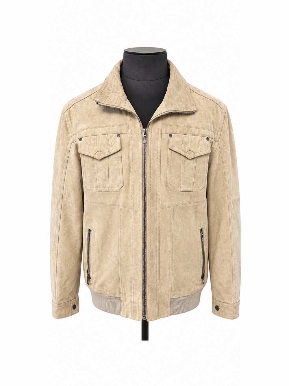 Men's Beige Suede Zip Bomber Jacket